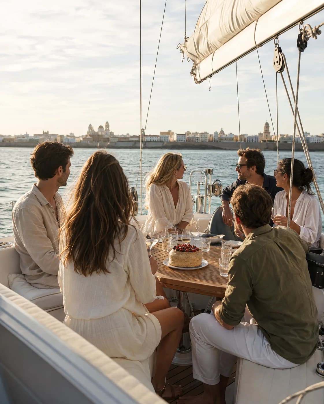 Amigos celebrando un cumpleaños de forma natural en la cubierta de un barco en Cádiz