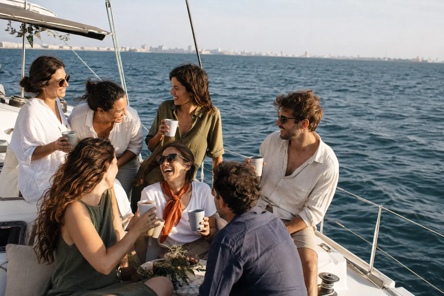 Grupo de amigos celebrando una despedida elegante en un barco en Cádiz