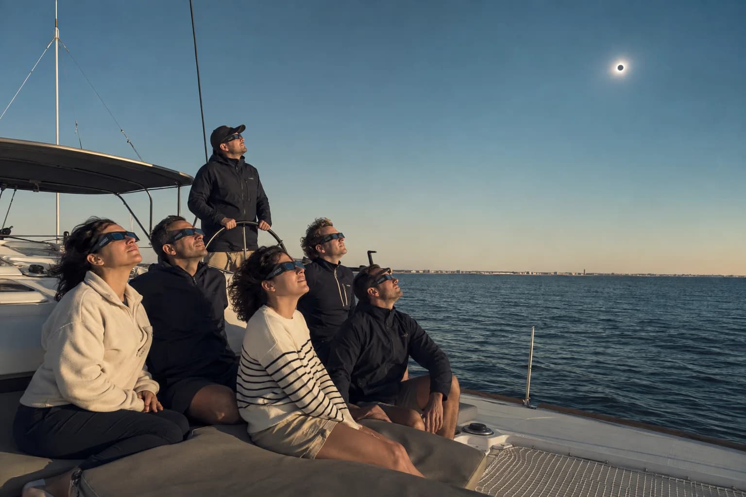 Barco en la costa de Cádiz durante un eclipse solar con observación segura