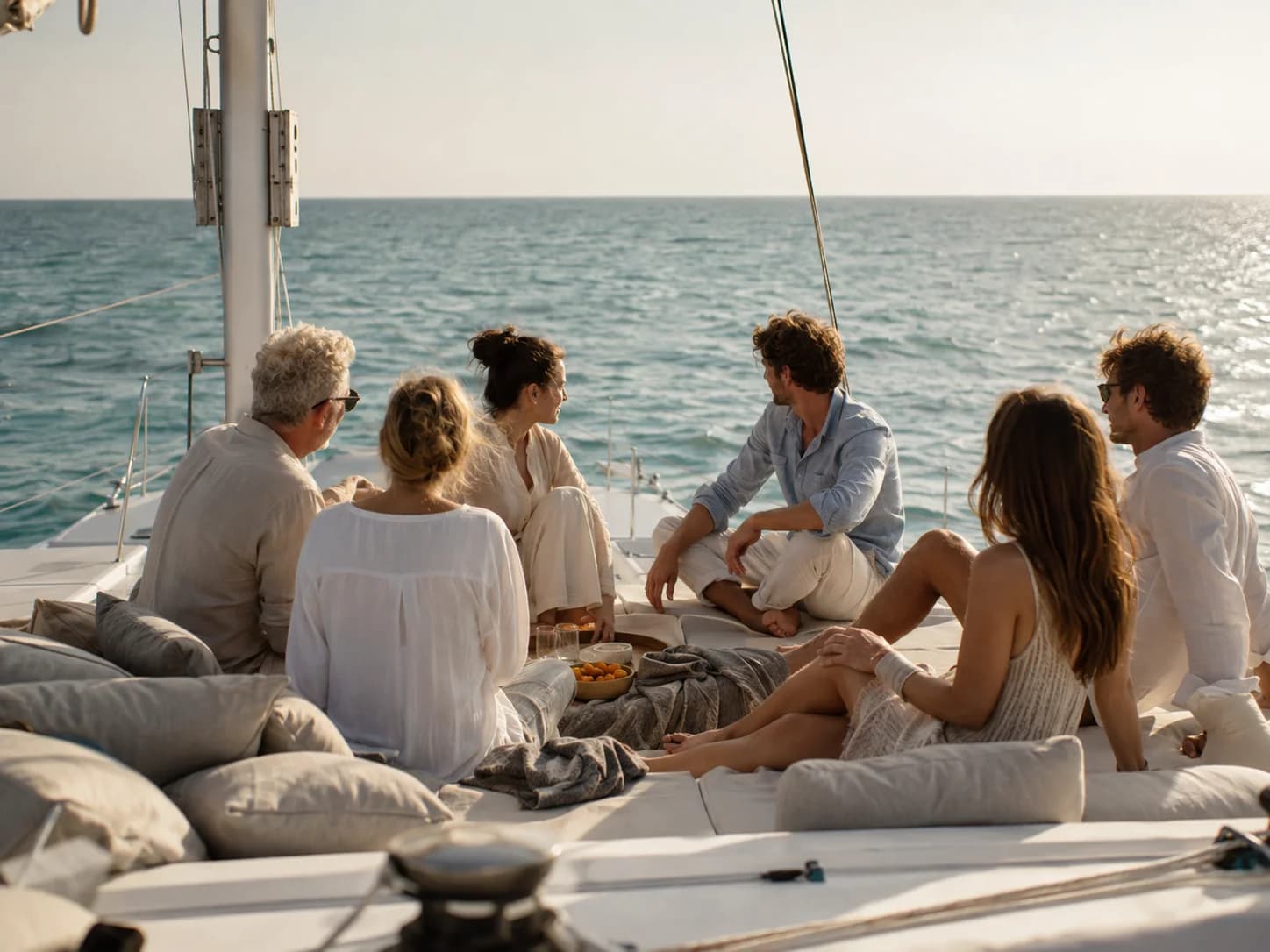Grupo de amigos conversando en la cubierta de un catamarán en Cádiz