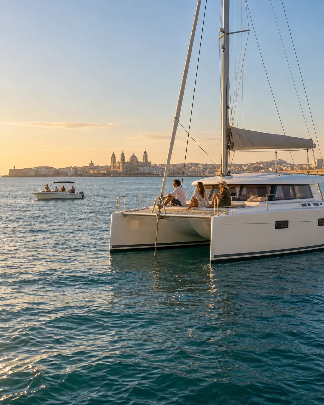 Catamarán y una lancha navegando con grupos pequeños frente a Cádiz