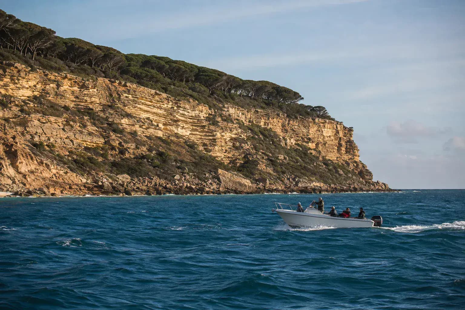 Barco navegando frente a los acantilados de La Breña y Barbate