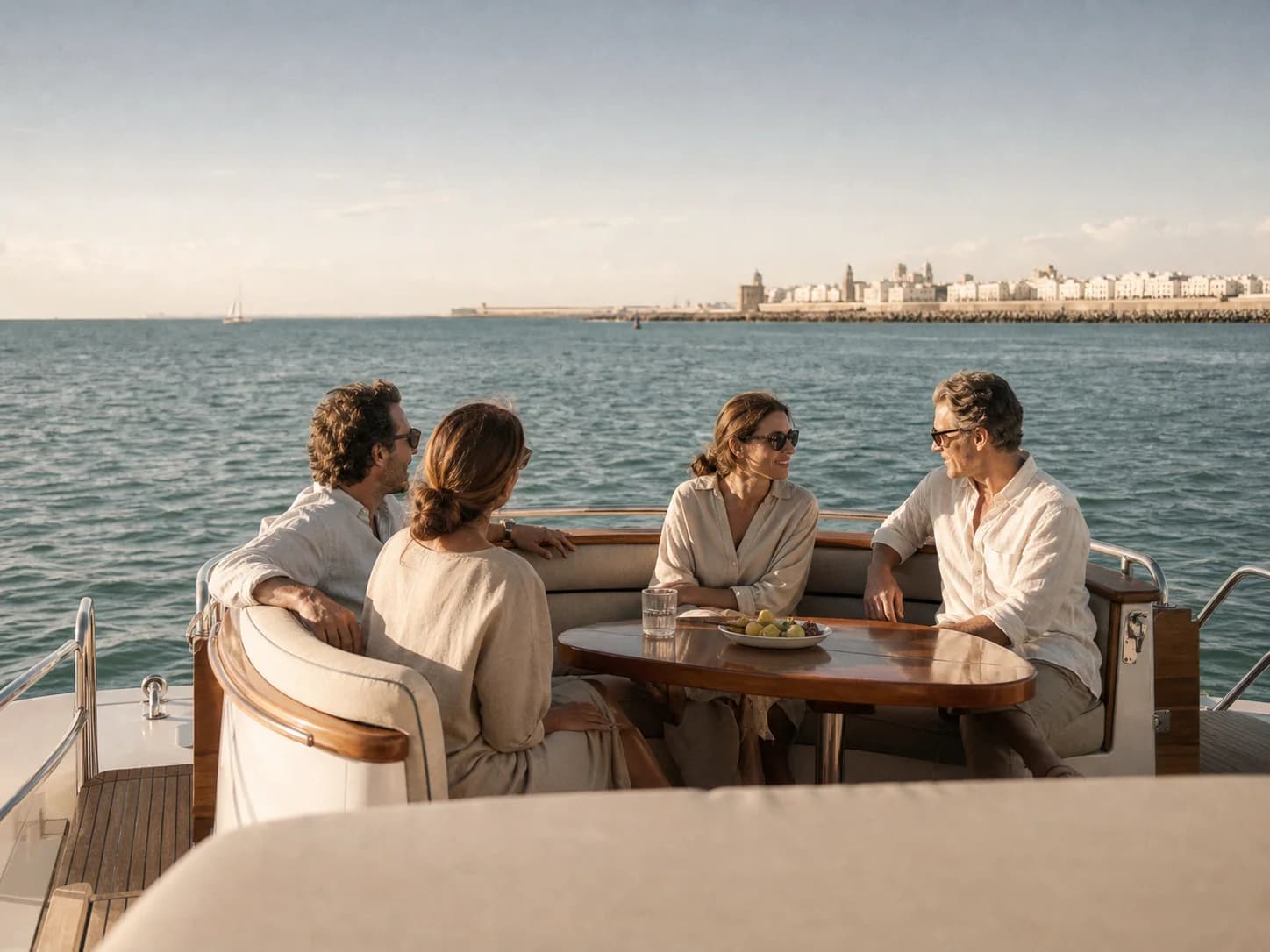 Cuatro adultos conversando durante un paseo privado en barco por Cádiz