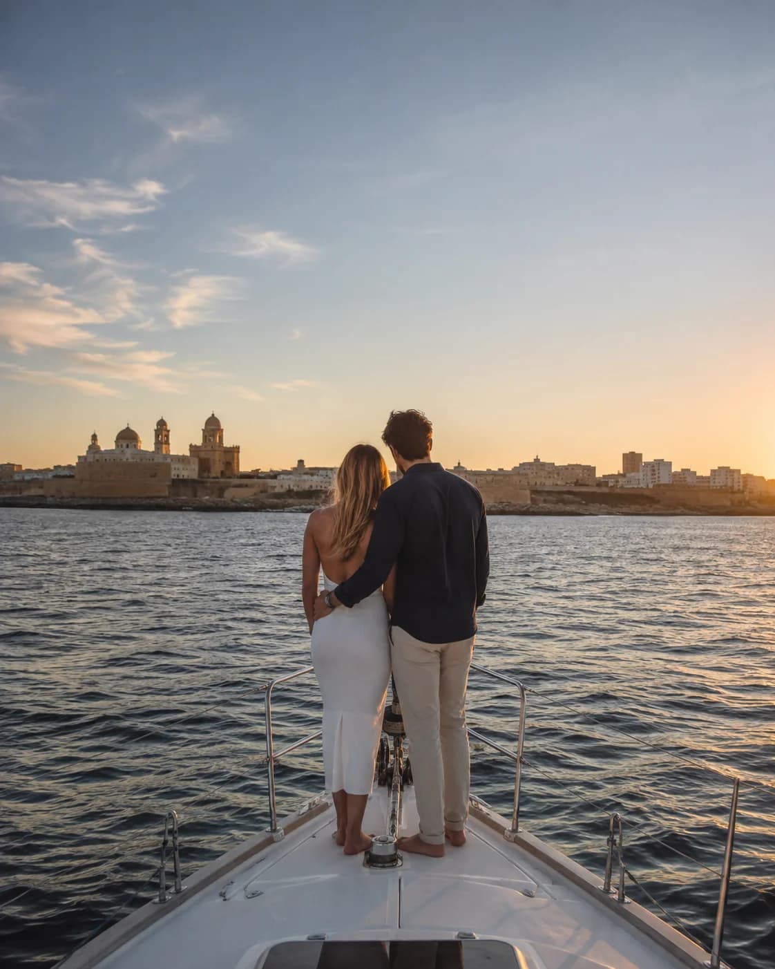 Pareja contemplando la puesta de sol desde la proa de un velero en Cádiz