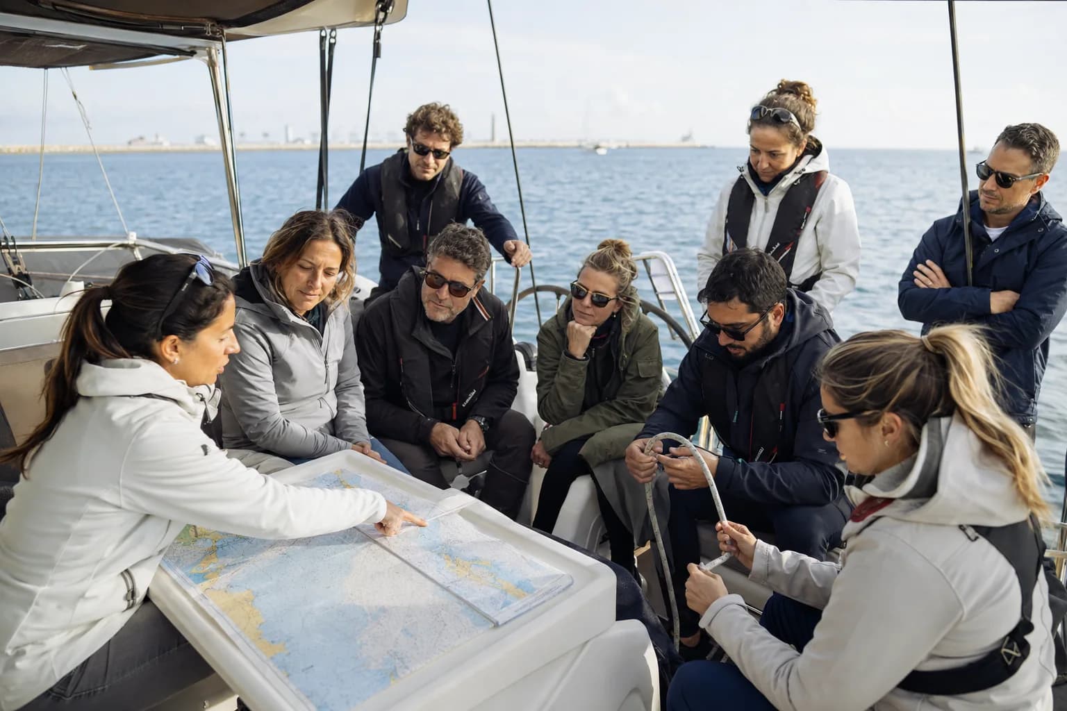 Equipo conversando de forma distendida durante un team building náutico en Cádiz