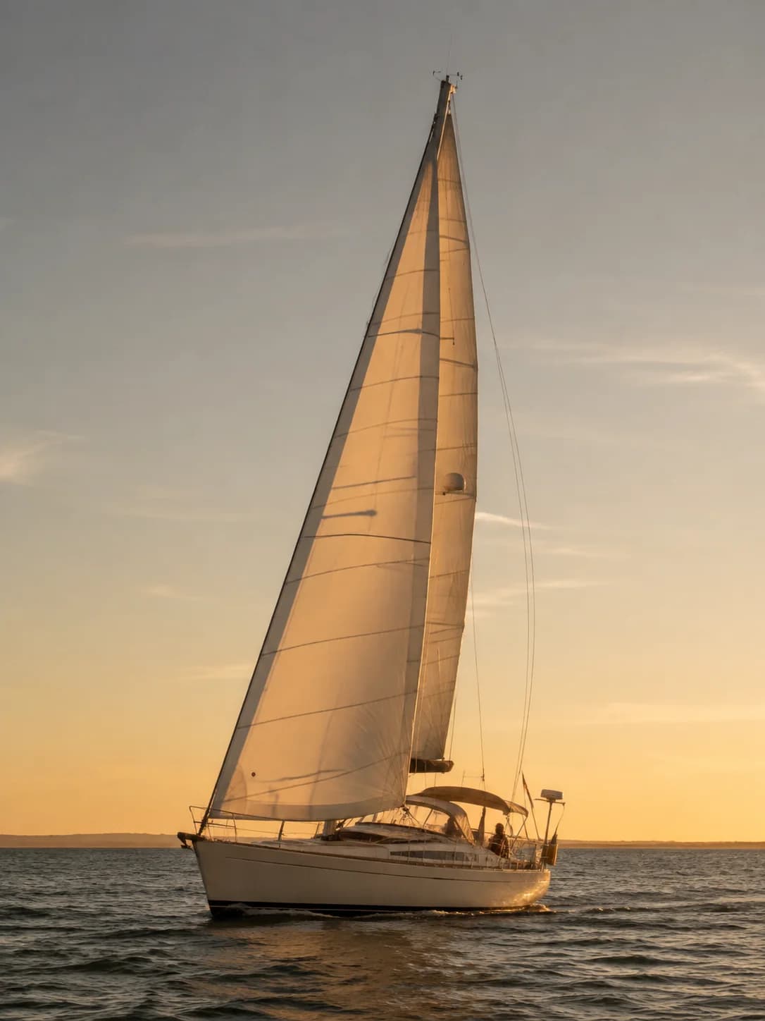 Velero con las velas desplegadas durante la hora dorada en Cádiz